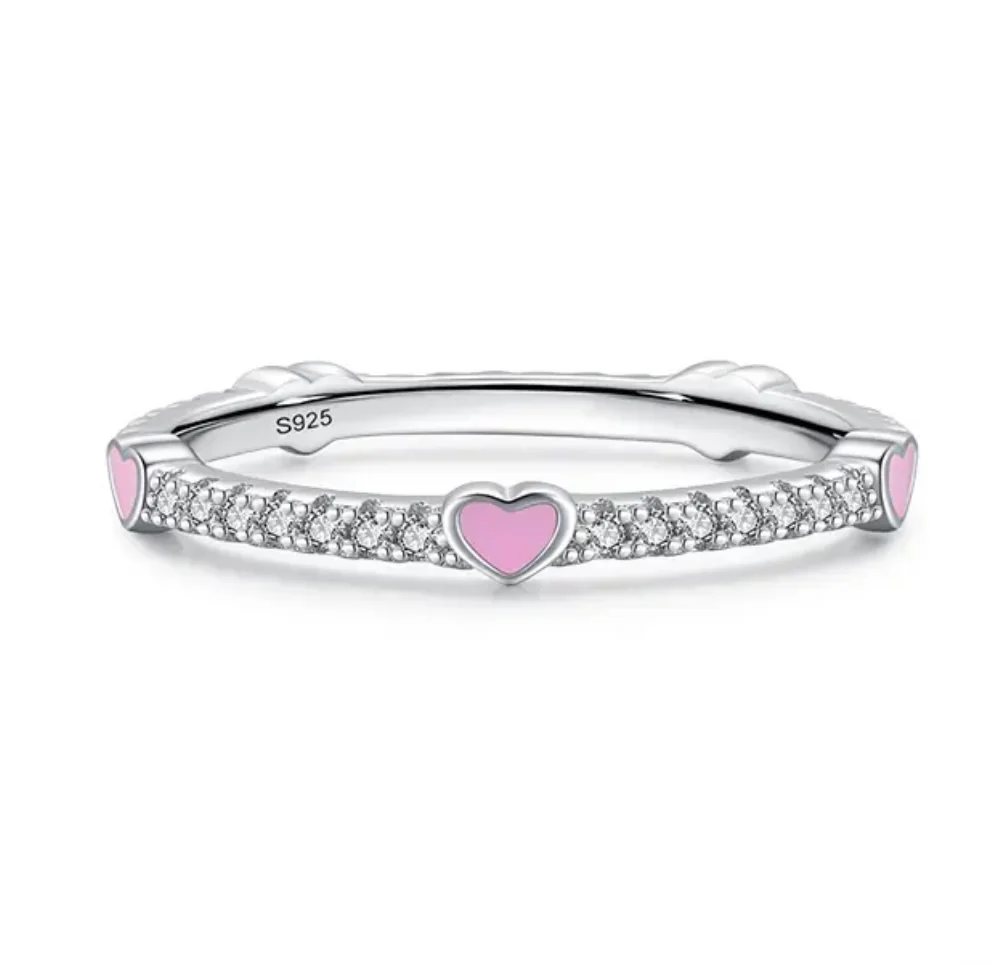 925 Sterling Silver Ring with Cubic Zirconia Pink Enamel Hearts