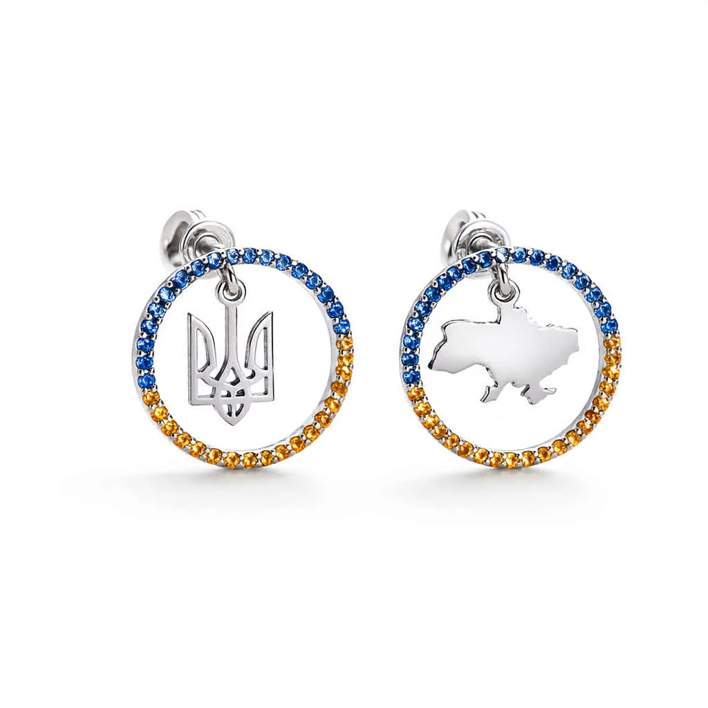 925 Sterling Silver Stud Earrings with Tryzub and Map of Ukraine