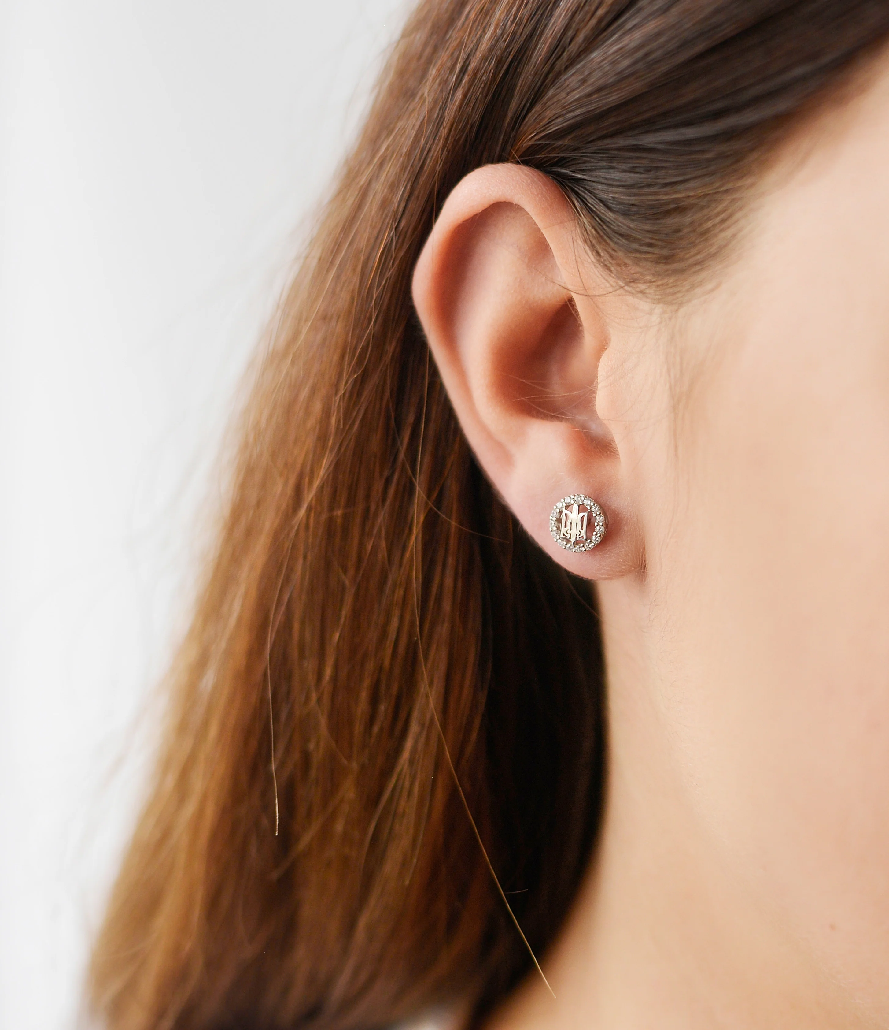 925 Sterling Silver Stud Earrings with Tryzub in Cubic Zirconia Halo - Image 2