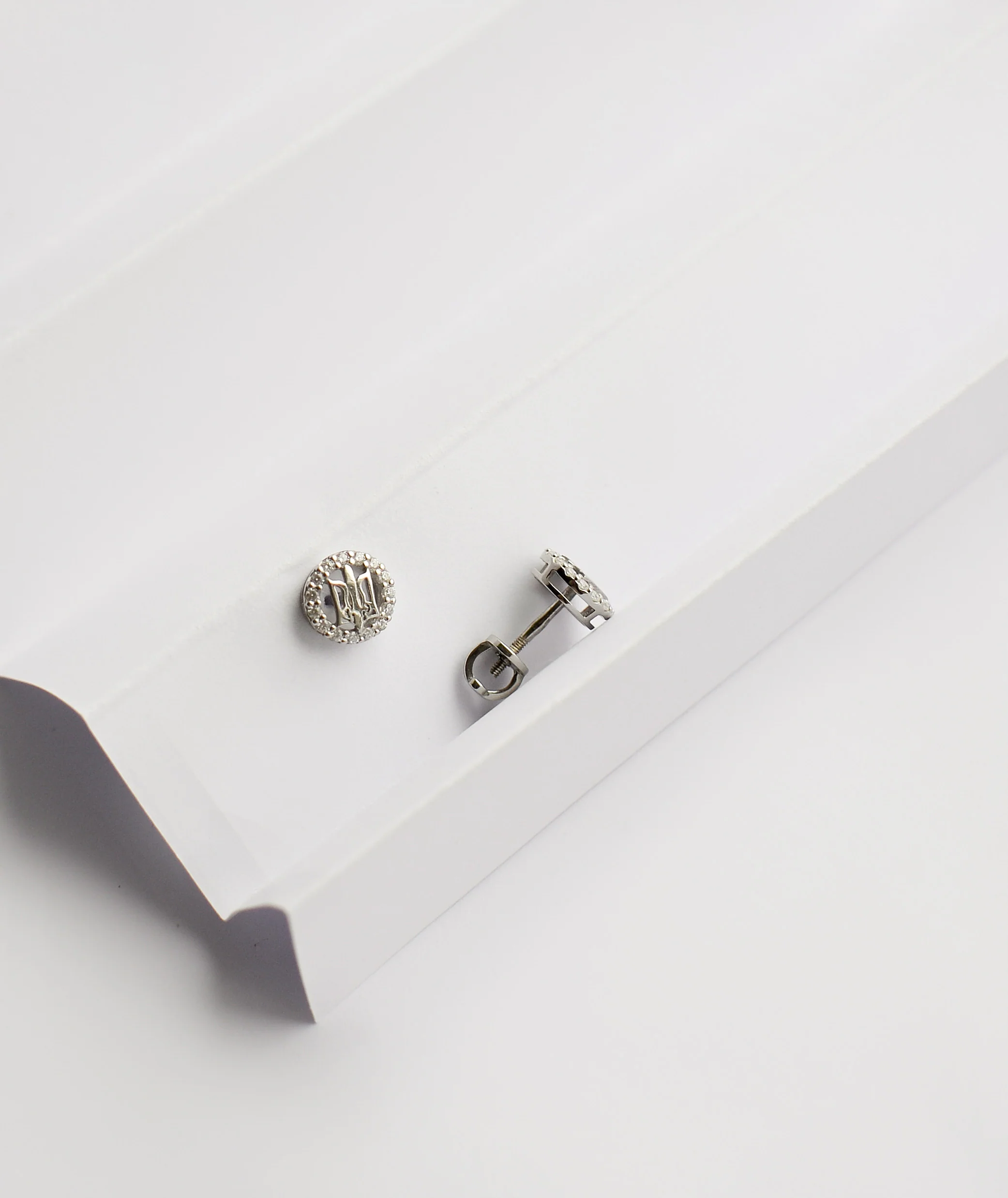 925 Sterling Silver Stud Earrings with Tryzub in Cubic Zirconia Halo - Image 3