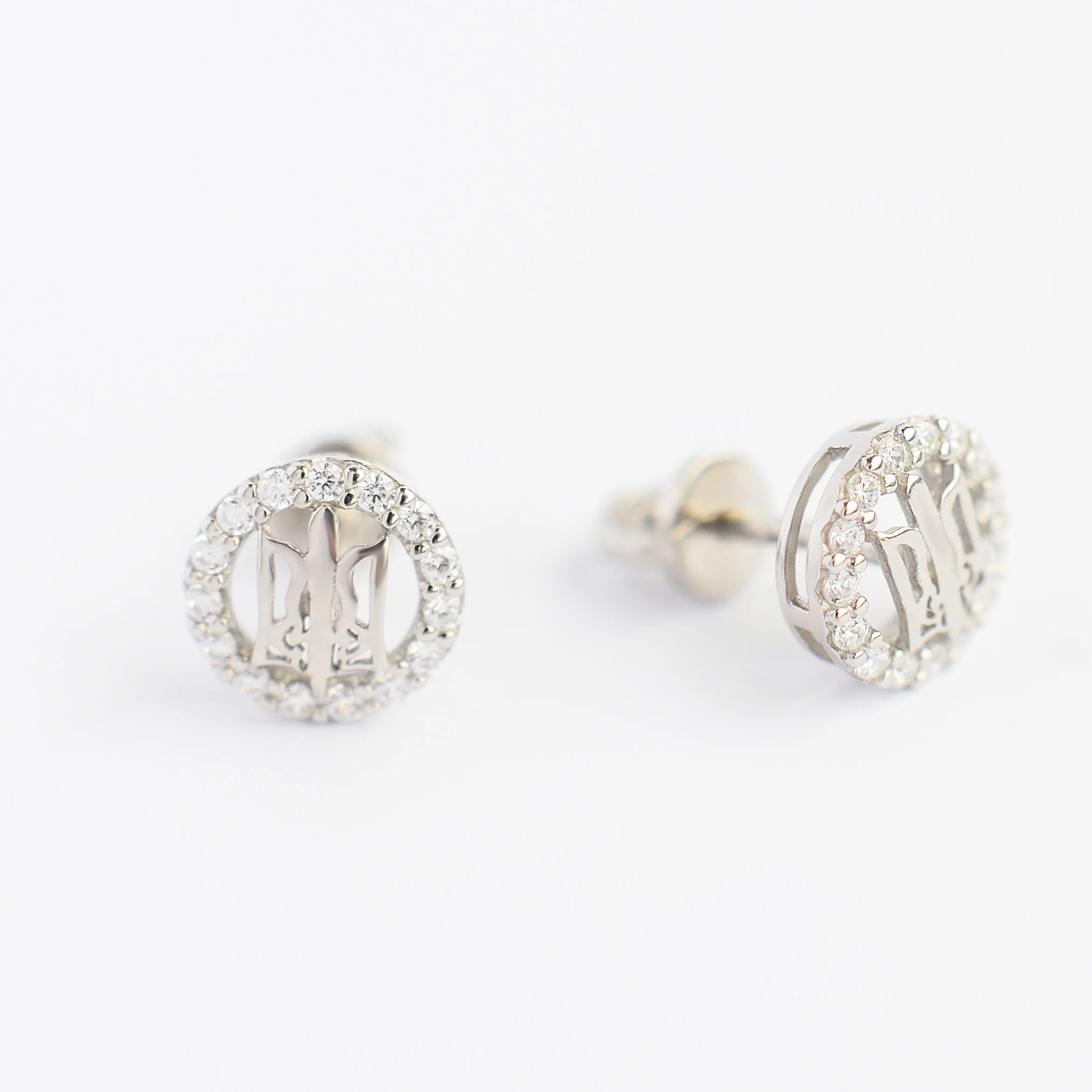 925 Sterling Silver Stud Earrings with Tryzub in Cubic Zirconia Halo - Image 4