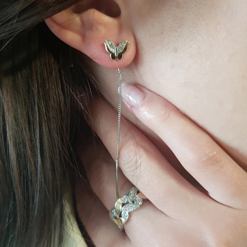 925 Sterling Silver Thread Butterflies Earrings with Rose Gold Plated Elements and Cubic Zirconia - Image 2