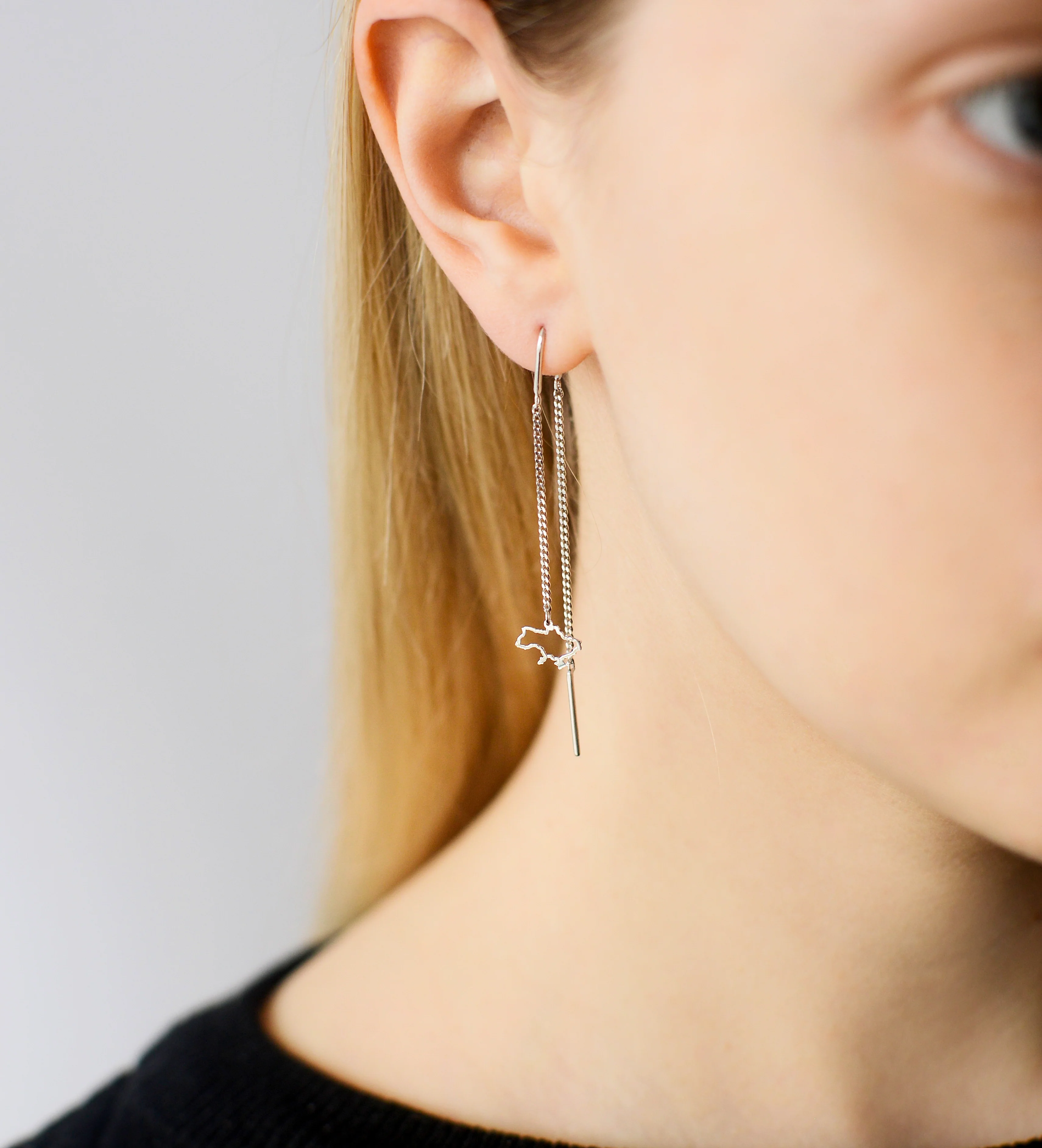 925 Sterling Silver Thread Earrings with Map of Ukraine - Image 2