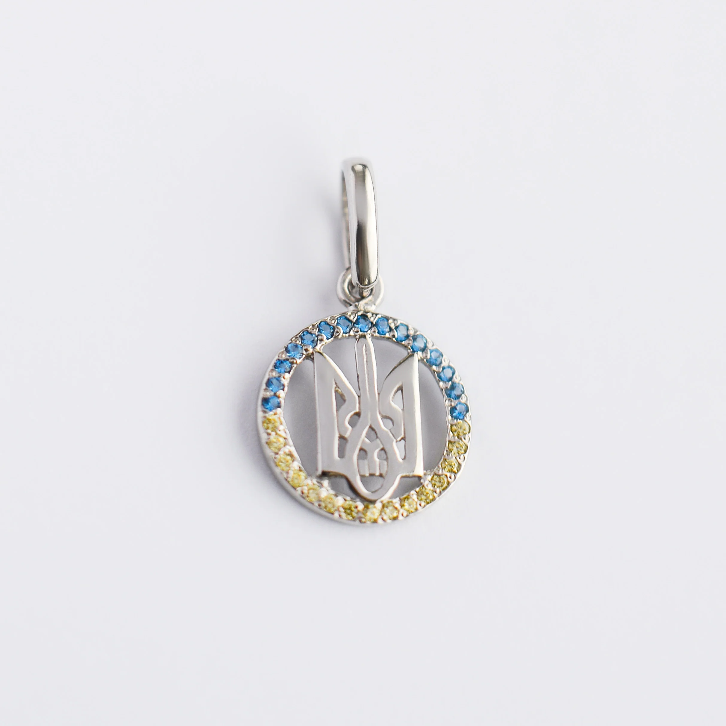 925 Sterling Silver Tryzub Pendant with Blue and Yellow Cubic Zirconia