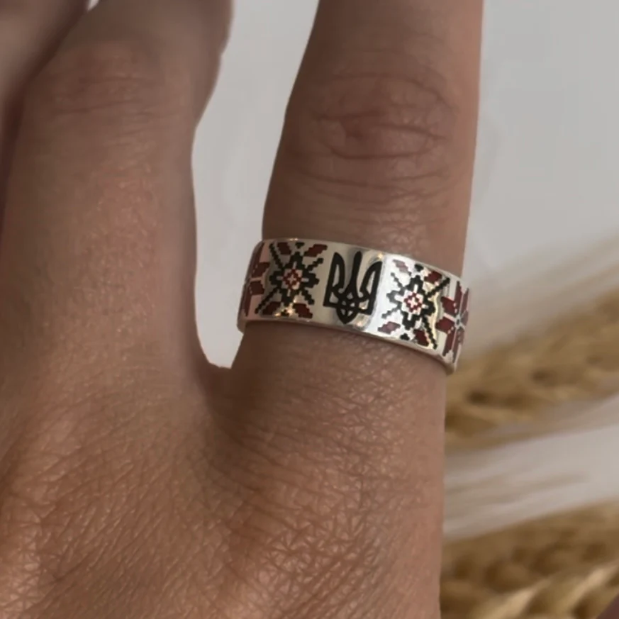 Handcrafted 925 Sterling Silver Vyshyvanka Ring with Tryzub - Image 2