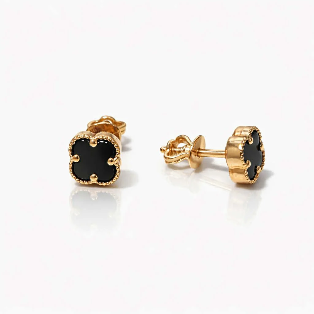 Stud Clover Earrings in 14K/585 Rose Gold with Onyx