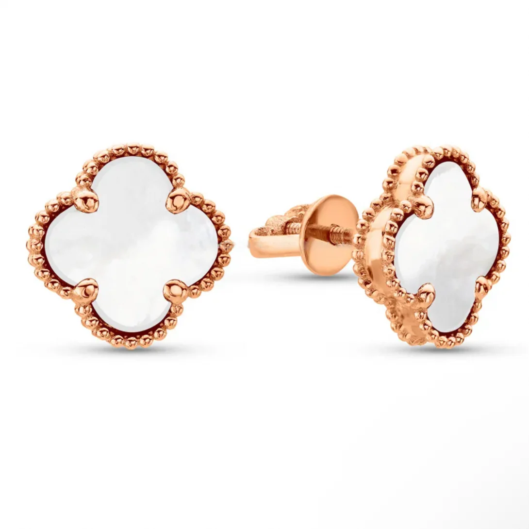 Stud Clover Earrings in 14K/585 Rose Gold with Mother of Pearl