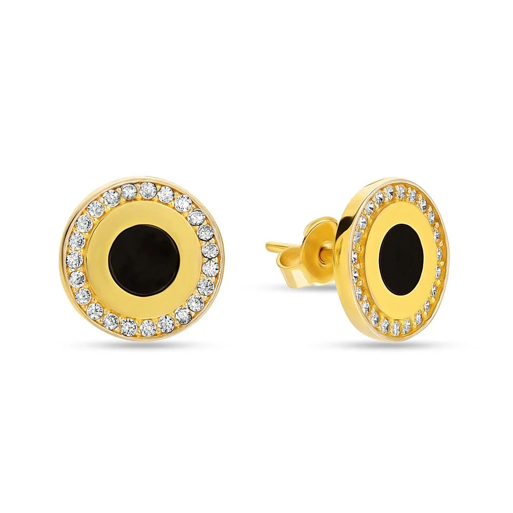 Stud Earrings in 14K/585 Yellow Gold with Black Enamel and Zirconium