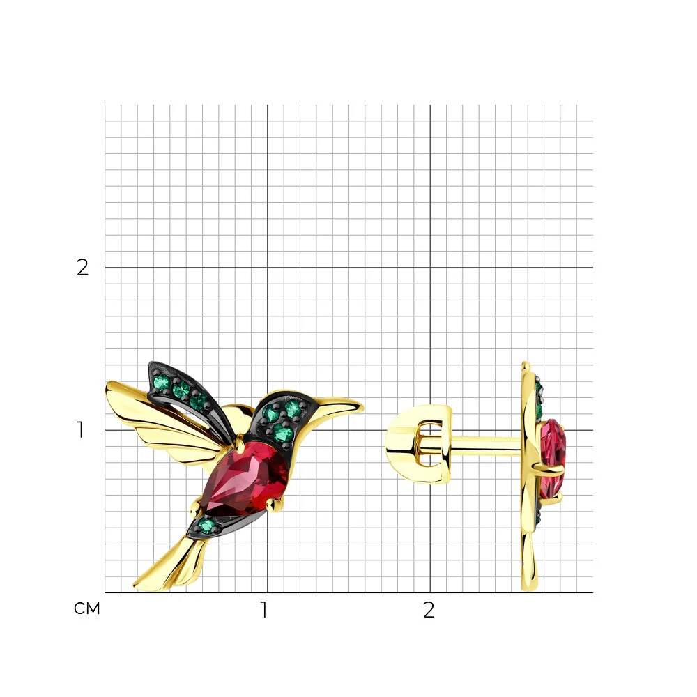 Stud Earrings in 14K/585 Yellow Gold with Rhodolite "Colibri" - Image 2