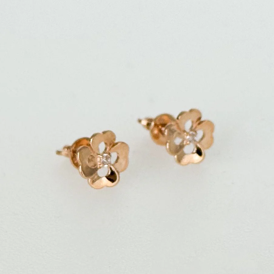 Stud Clover Earrings in 14K/585 Rose Gold with Cubic Zirconia