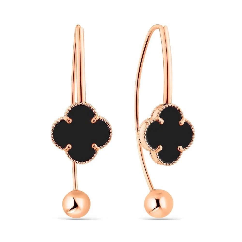 Thread Earrings Clover in 14K/585 Rose Gold with Onyx