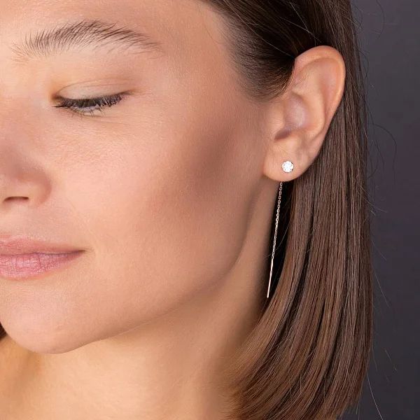 Thread Earrings in 14K/585 Rose Gold with Cubic Zirconia - Image 2