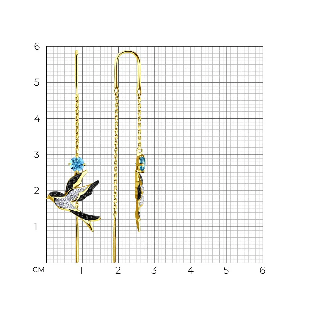 Thread Earrings in 14K/585 Yellow Gold with Topazes and Cubic Zirconia "Swallow Bird" - Image 2
