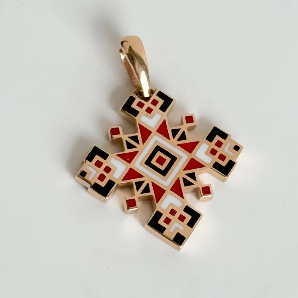 Two-Sided Vyshyvanka Cross in 14K/585 Rose Gold with Enamel - Image 3