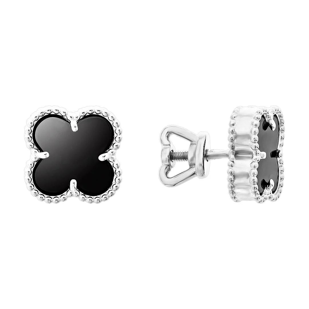 Stud Clover Earrings in 14K/585 White Gold with Onyx