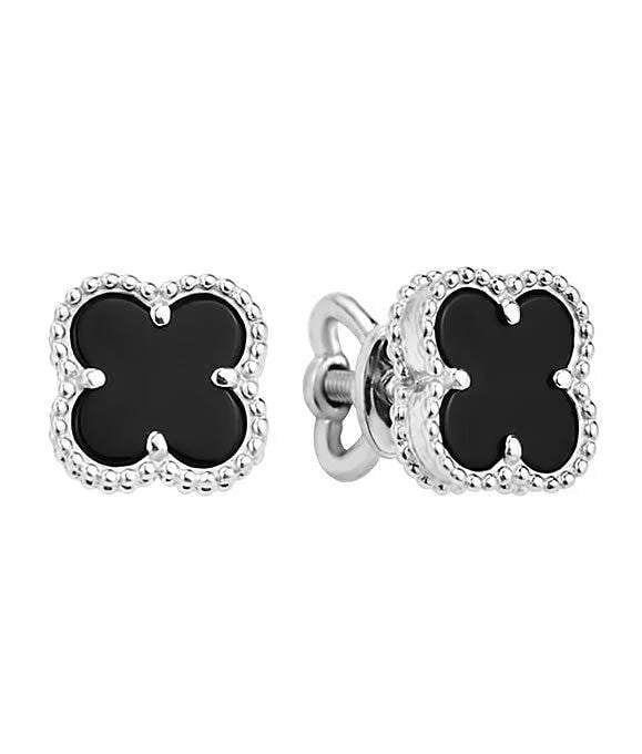 Stud Clover Earrings in 14K/585 White Gold with Onyx - Image 2